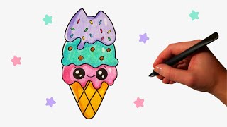How to Draw a Cute Ice Cream Pusheen Cat Cone Easy | Cute drawings