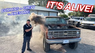 FIRST STARTUP! Firing Up Our 750HP Cummins Swapped Chevy For The First Time!  Squarebody Life!
