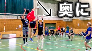 (Volleyball match) A strong attack hitting the corner of the court