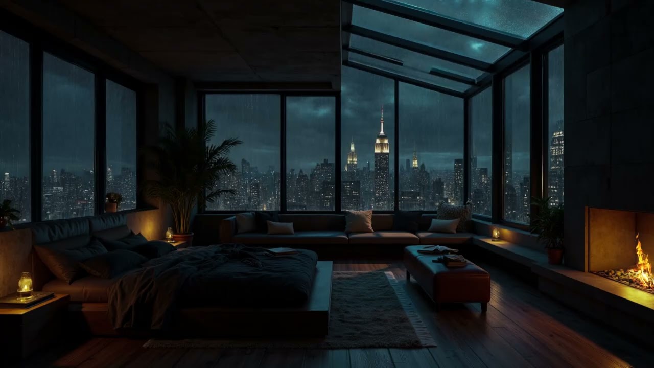 Rain Sounds at Night in Cozy Bed With NYC 🌧️ Rain On Window & Cozy Fireplace for Sleeping