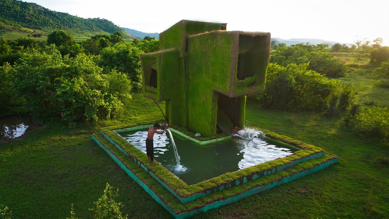 How to build a great mud house by planting rice seeds on top and water slide to swimming pool