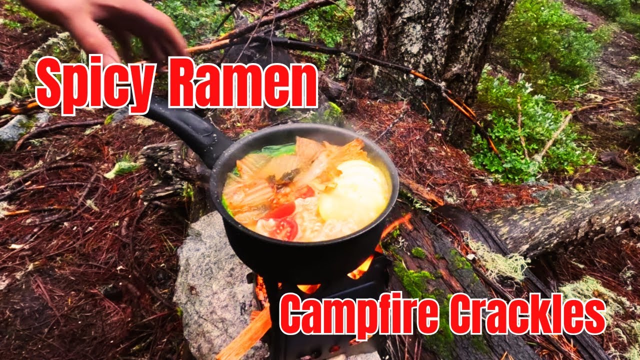 ASMR Snowy Hike & Spicy Ramen Over Campfire | Intense Sizzle & Relaxing Winter Sounds (No Talking)