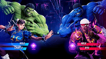 Green Hulk & Chun Li vs Blue Hulk & Evil Ryu (Very Hard) - Marvel vs Capcom | 4K UHD Gameplay