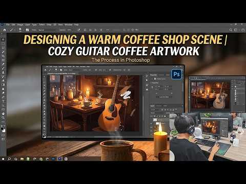 The Process of Designing a Warm Coffee Shop Scene in Photoshop | Cozy Guitar Coffee Artwork