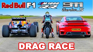 F1 Car v BMW M1000 RR Superbike v 911 Turbo S: DRAG RACE