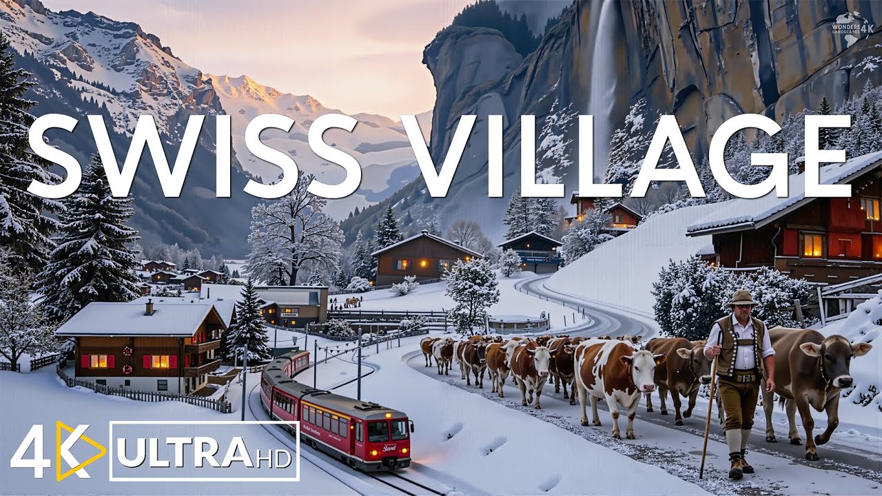 Швейцарская деревня зимой 4K ❄️ Сказочные заснеженные шале, альпийские пейзажи | Зимняя сказка