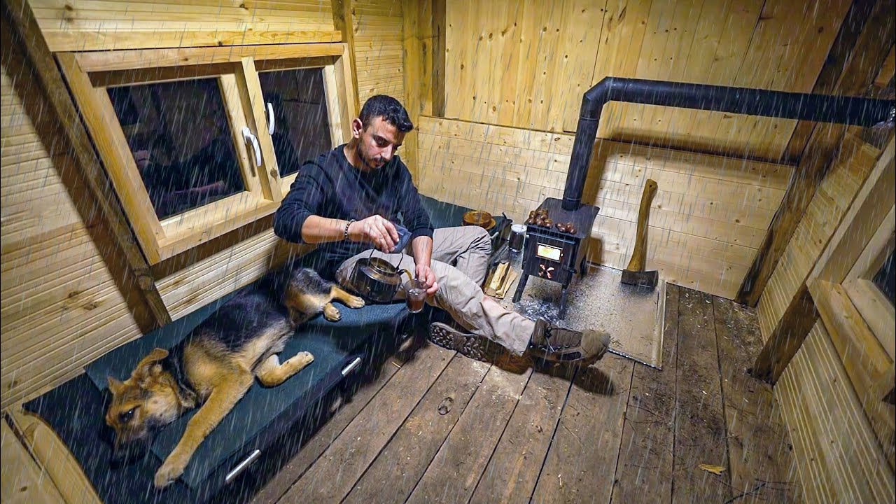 Зимний кемпинг под дождем с моей собакой в ​​деревянном домике