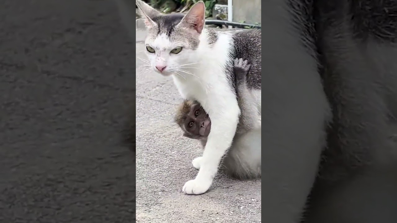 Unlikely Friendship as Cat Adopts a Baby Monkey