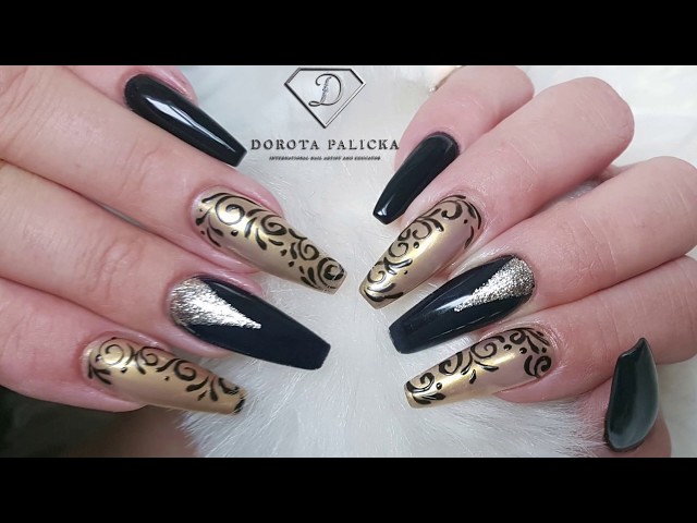 Black & Gold Rhinestone Coffin Nail Art