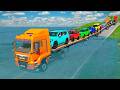 Flatbed Trailer McQueen Transportation with Truck - Speedbumps vs Cars vs Train - BeamNG Drive #025