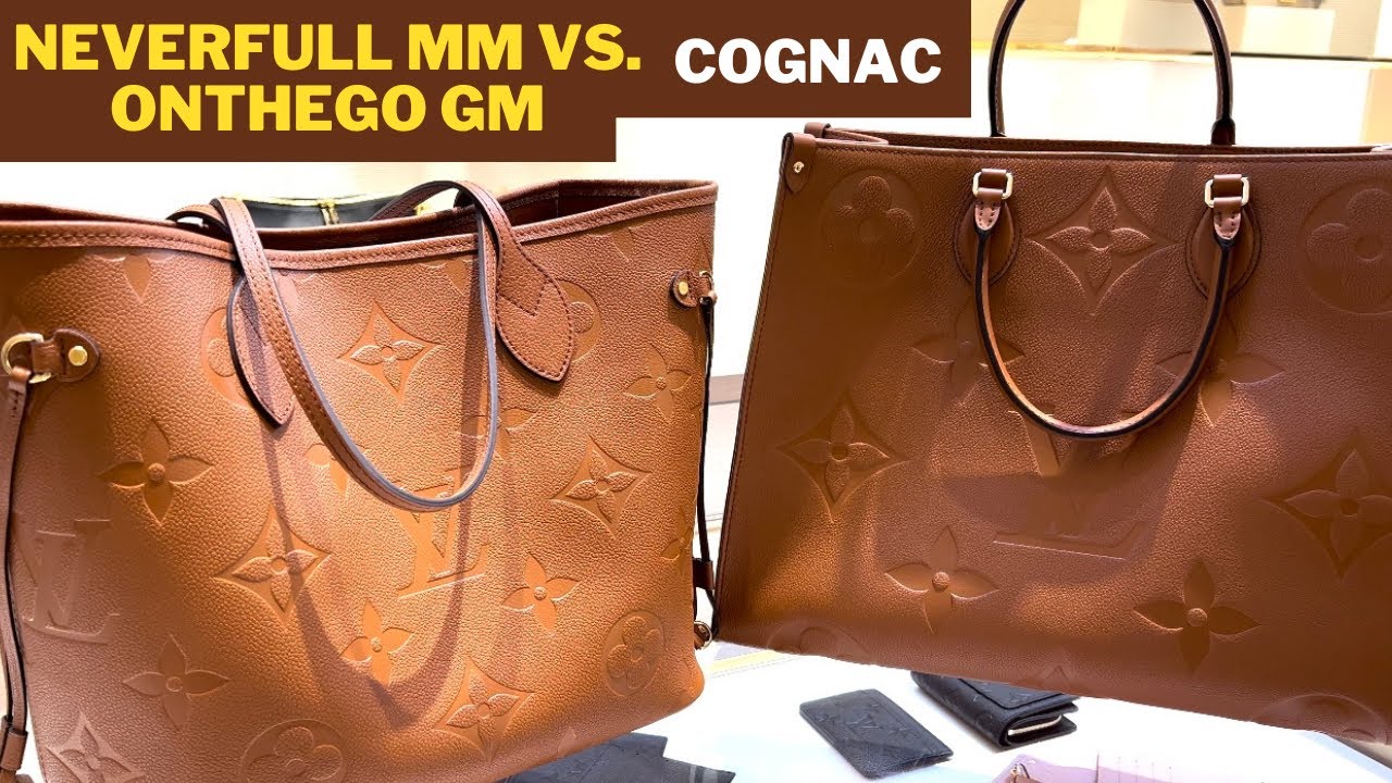 LOUIS VUITTON NEVERFULL MM VS ONTHEGO GM COGNAC SIDE BY SIDE COMPARISON 