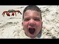 Buried in the sand caleb  daddy build sand castles at beach play in the water caleb pretend play