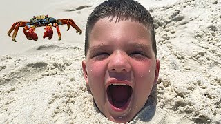 BURIED IN THE SAND! Caleb & Daddy Build Sand Castles at Beach Play in the Water! Caleb Pretend Play