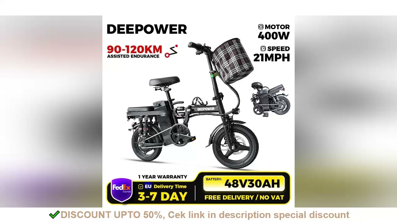 DEEPOWER K300 Electric Bike for Adult, 21MPH Folding Ebike, Mini Electric Bicycle, 3 Levels Assist,