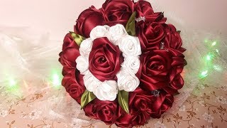 طريقة صنع بوكيه ورد العروس DIY باقة ورد بشرائط الستان الاكثر تميز على يوتيوب screenshot 4
