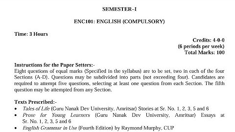 BA / BSc 1st Semester English Compulsory Syllabus 2024 GNDU University | Ba 1st Semester Syllabus