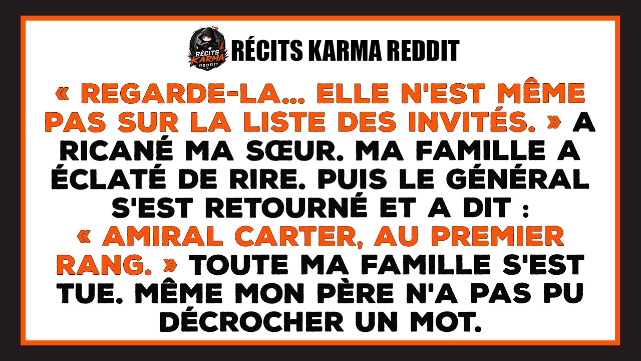 Elle n’est même pas sur la liste des invités. La voix de ma sœur a traversé la salle de bal comme une lame, et en quelques secondes, des dizaines d’inconnus me fixaient. Ma famille riait, ce rire...