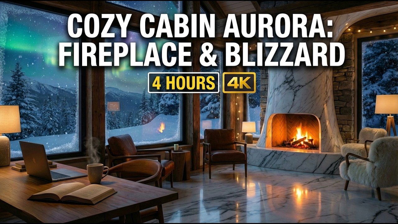 Snowy Cabin with Northern Lights | 4 Hours, Crackling Fire & Peaceful Winter ASMR
