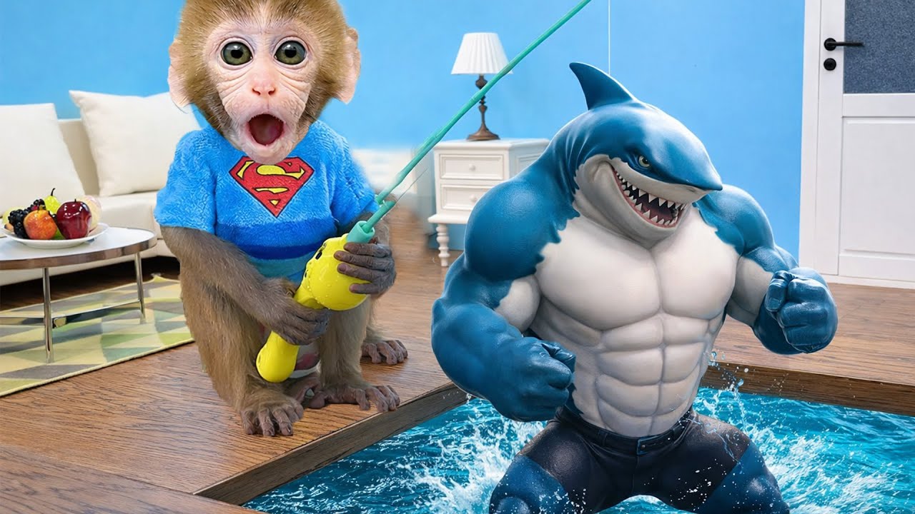 القرد اللطيف بون بون يصطاد في المنزل ويكتشف سمكة غامضة، ويلعب بفرح مع صغار البط في المسبح