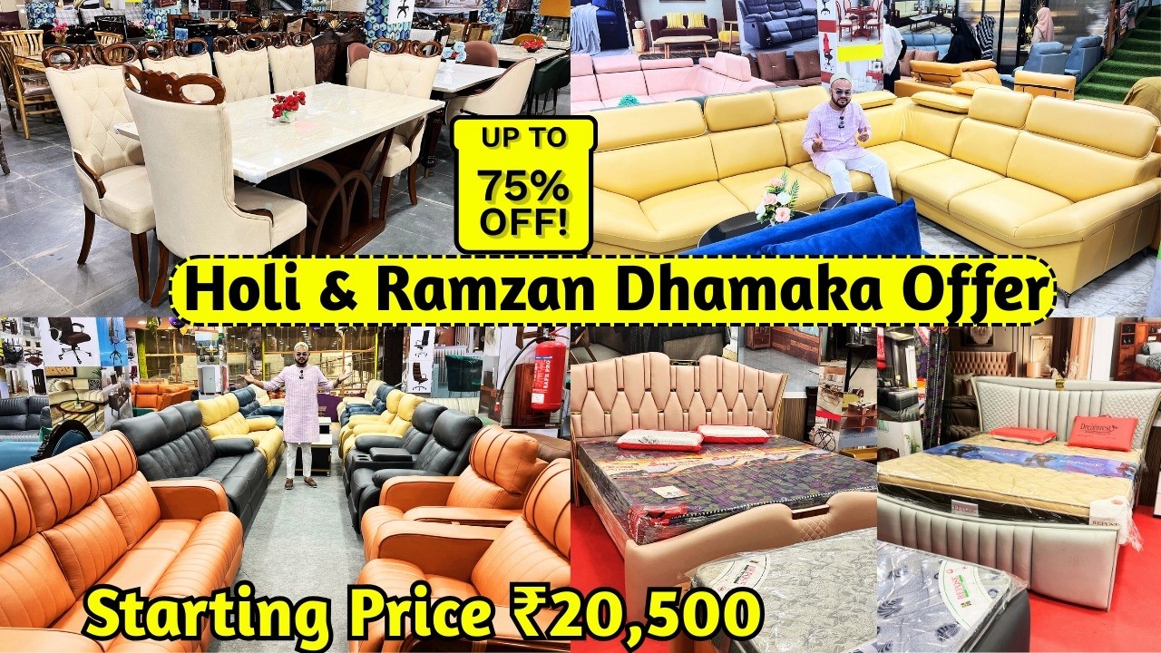 Holi & Ramzan Dhamaka Sale Upto 75% OFF Premium Model Sofa Sets Dining Tables Cots EMI Facility Avl