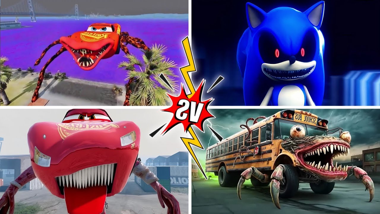 Sonic monster 🆚 McQueen Head Eater 🆚 McQueen monster 🆚School Bus Monster /tiles hop edm rush 🎶🎶