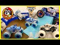 Big  small monster truck toys  snow downhill racing  playing at park monster jam  hot wheels