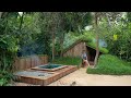 90 day alone  building log cabin with grass roof and a swimming pool