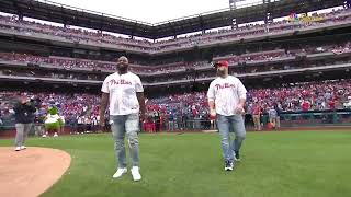 👏 Eagles legends Jason Kelce & Fletcher Cox throw out 1st pitch at Phillies game via @NBCSPhilly