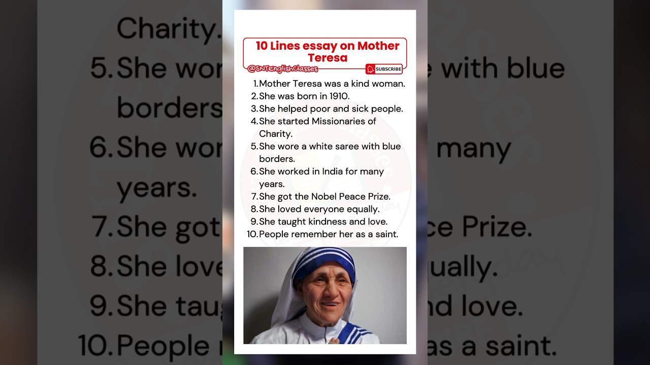 10 Lines on Mother Teresa in English | Essay on Mother Teresa | 10 Lines Essay on Mother Teresa
