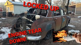 Locked up Engine teardown 1952 Plymouth Cranbrook, Will it run? parked hood open since 1975