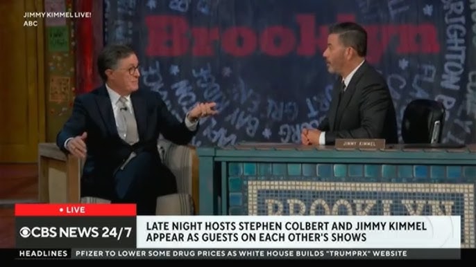 Late Night Giants Kimmel and Colbert Join Forces - YouTube