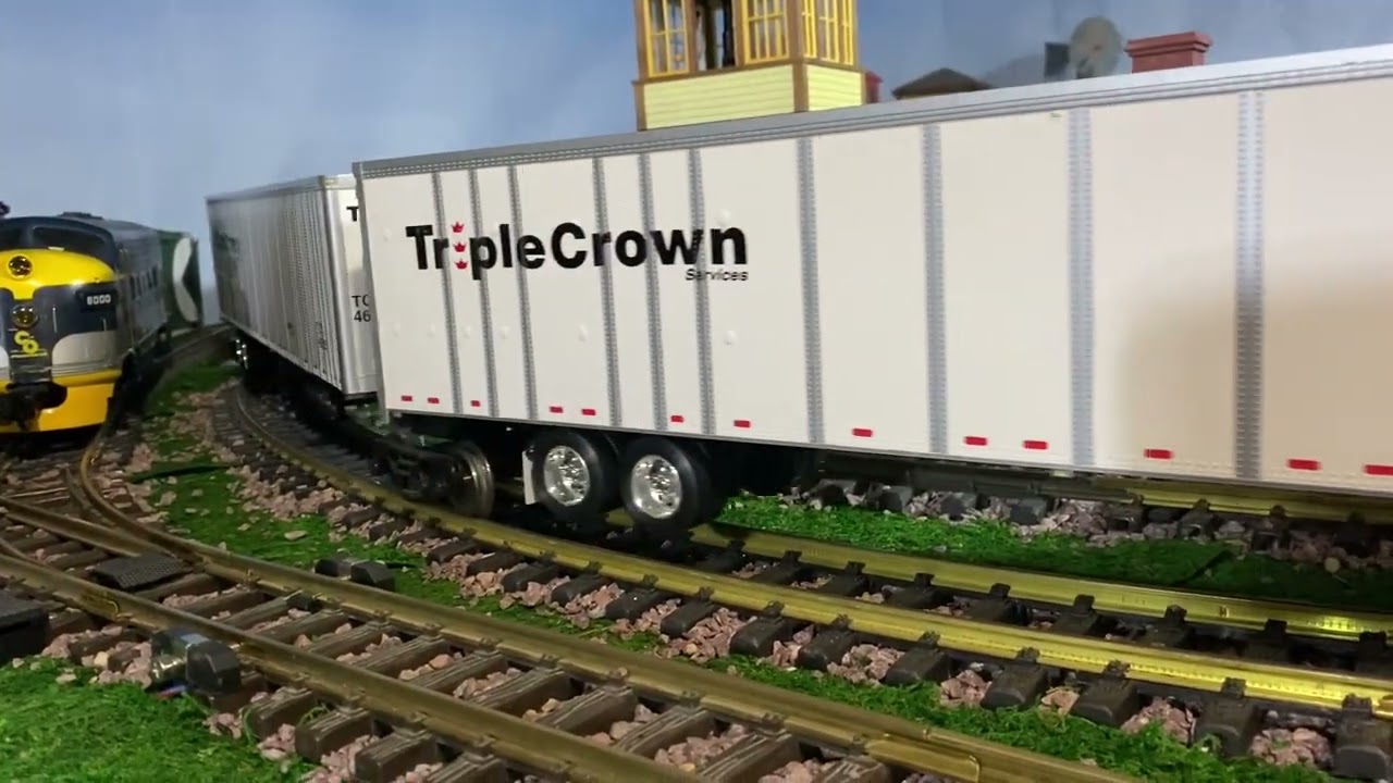 Grand Trunk GT with coal hoppers and Norfolk Southern RoadRailers G Scale Garden Railroad GP-40