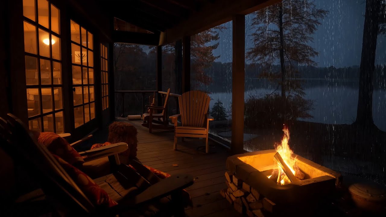 Cozy Porch in the Rain | Fireplace Crackling & Nature Sounds for Calm ...