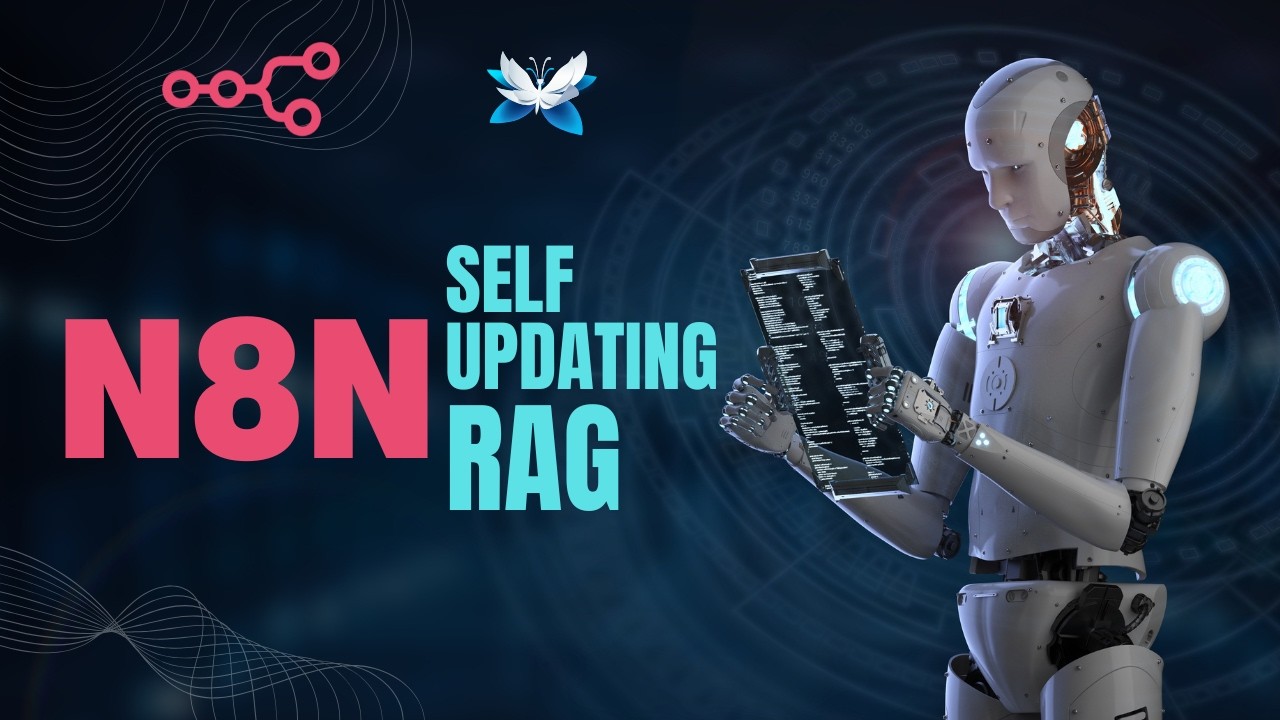 Self-updating RAG bot tutorial showing n8n workflow and AI agent interface