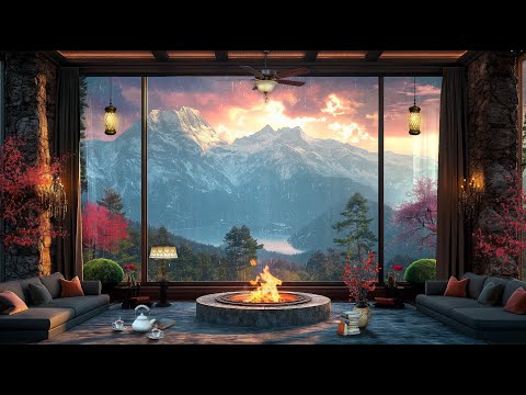 Cozy Spring Rain in Luxury Room Ambience 🌧️ Smooth Jazz Music and Thunderstorm, Fireplace for Relax