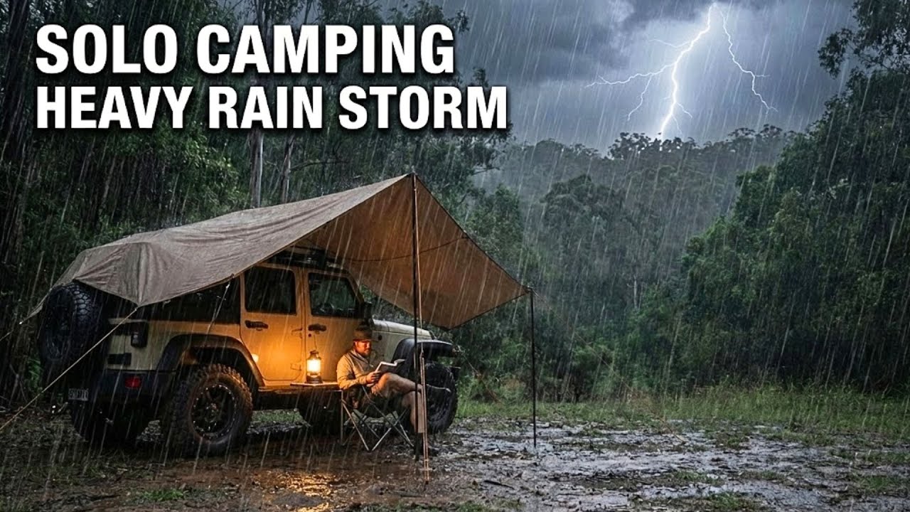 JEEP WRANGLER Camping in DEEP MUD [ Overlanding, Tarp Setup, Rain Sounds ]