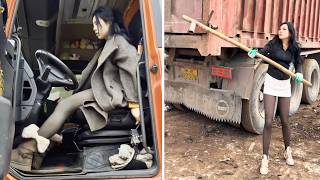 Female Truck Driver Taotao Hauling And Dumping Scrap Metal At The Recycling Yard