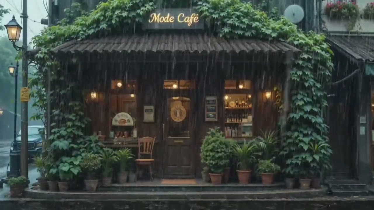 Warm Light Reflections on Wet Sidewalk | Evening Café Rain Ambience
