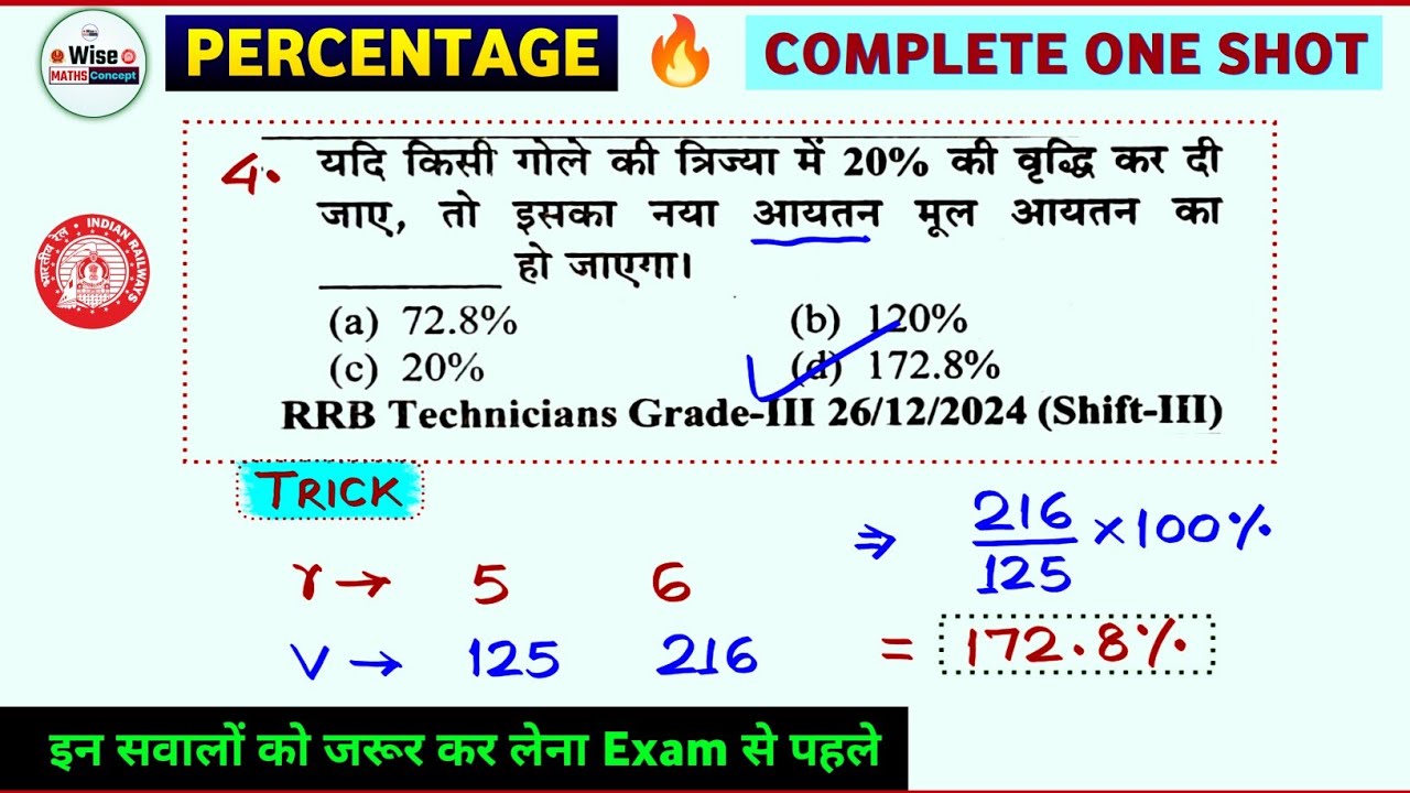 Complete PERCENTAGE | One Shot | एक वीडियो में सभी टाइप के सवाल | Railway Exam 2026