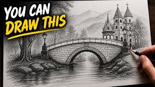 Easy Bridge Landscape Drawing with Pencil | Step-by-Step Scenery Drawing Tutorial🎨