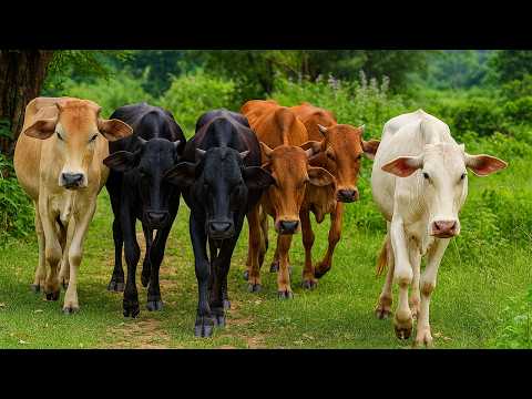 Penggembala dan kerumunan sapi berjalan menuju kandang, Suara Sapi Moo, Kawanan sapi lucu di jalan