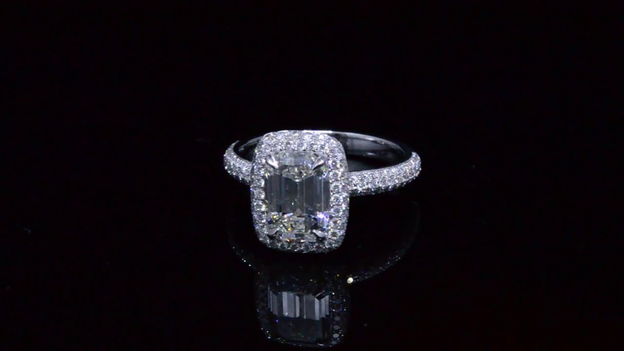 Emerald Cut Micro pave Halo Diamond engagement Ring 3row shank