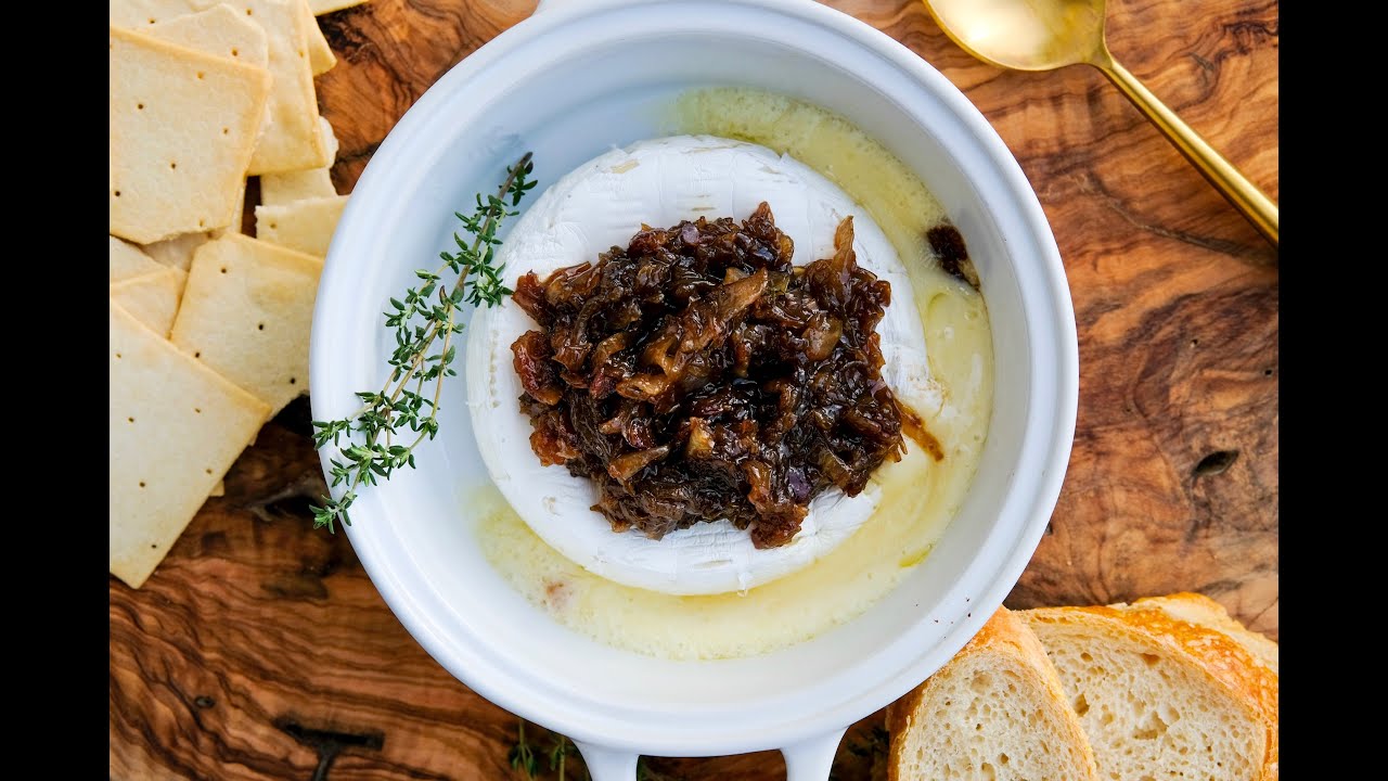 Appetizer Recipe Baked Brie with Caramelized Onion, Bacon & Balsamic