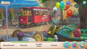 Manor Matters hidden objects Level 5 Town square: Skateboard Ball Tennis Apples Traffic cone Bicycle