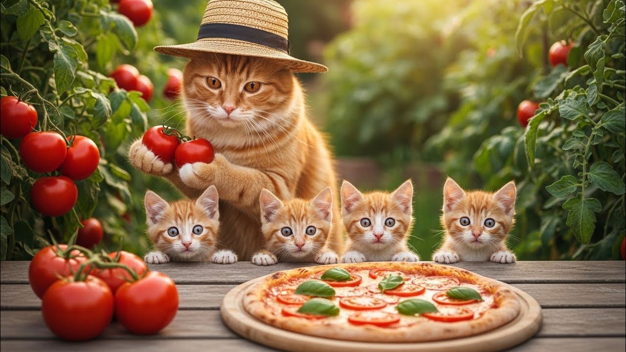 Mama Cat Harvests Tomatoes and Cooks Fresh Pizza For Her Hungry Kittens🍅🍕