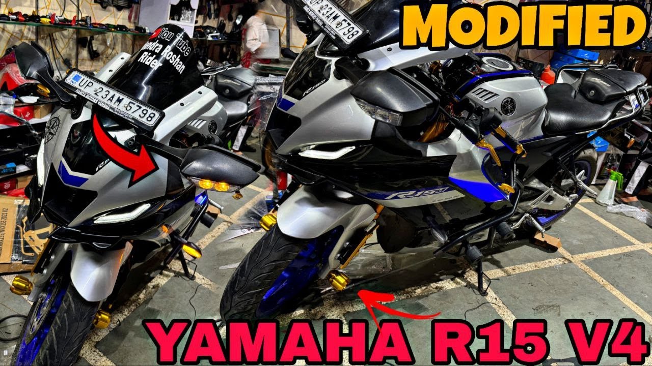AMROHA se aaye YAMAHA R15 V4 Beautiful Modification |Grab Rail |Tail Tidy | Body DRL | SKD Originals