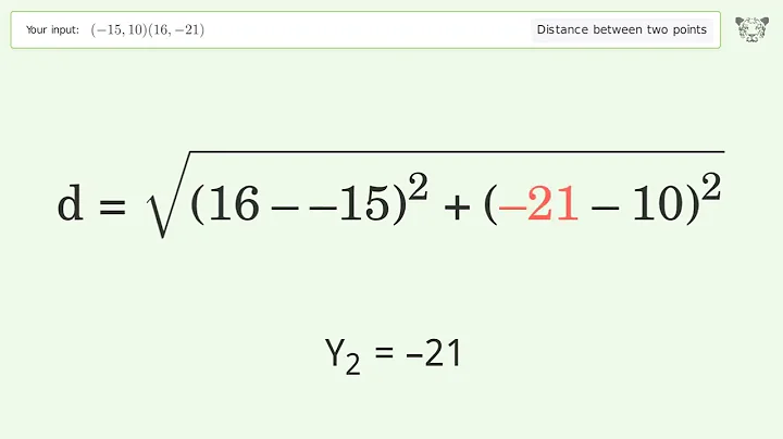 Find the distance between two points p1 (-15,10) and p2 (16,-21): Step-by-Step Video Solution
