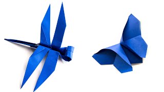 Dragonfly vs. butterfly made of paper. Origami idea.