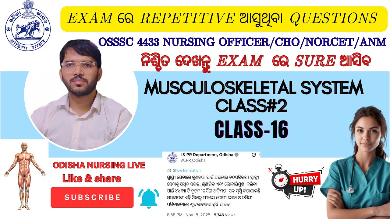 OSSSC 4433 NURSING OFFICERS/CHO/AIIMS NORCET-10/ANM, MUSCULOSKELETAL SYSTEM CLASS#2