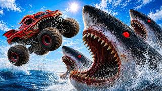 Monster Truck vs 3 Giant Sharks – INSANE Jump Challenge! | BeamNG.drive